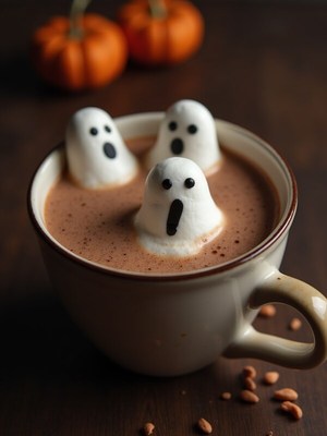 Hot chocolate with ghost marshmallows for halloween fun