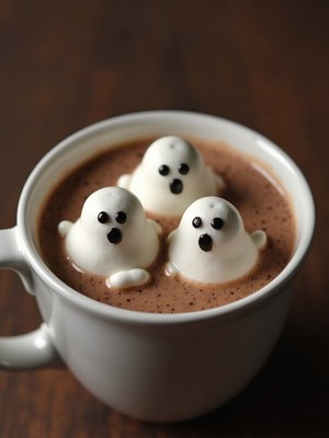 Whimsical ghost marshmallows in hot chocolate