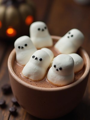 Marshmallow ghosts float in hot chocolate for halloween fun