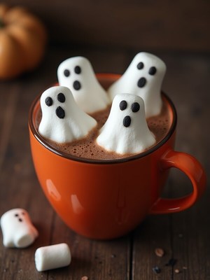 Spooky marshmallow ghosts in hot chocolate for halloween