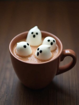 Hot chocolate with cute ghost marshmallows for halloween