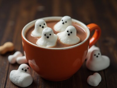 Cozy hot chocolate with ghost marshmallows for halloween