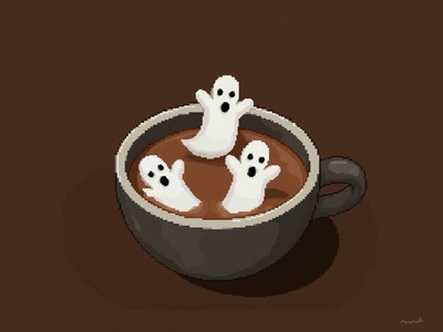 Cute ghosts floating in hot chocolate with a dark background