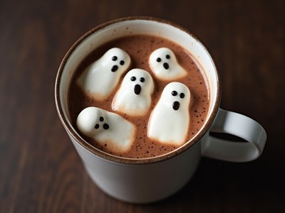 Hot cocoa with ghost marshmallows for halloween celebration