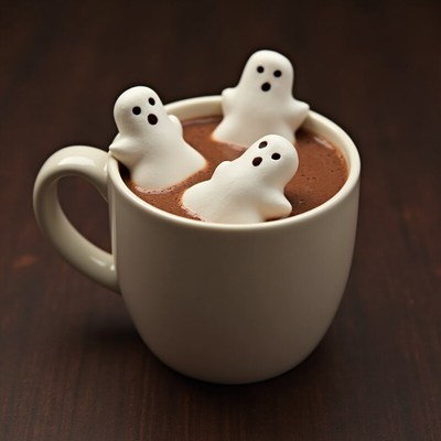 Hot chocolate with ghost marshmallows for halloween fun