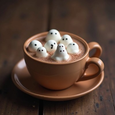 Ghostly marshmallows float in cocoa on a cozy table