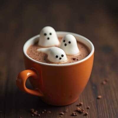 Cute ghosts made of marshmallows in hot chocolate
