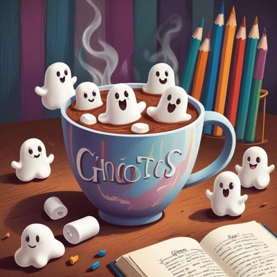 Cute ghosts in a hot drink with colorful pencils
