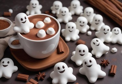 Hot chocolate with ghost marshmallows for halloween fun