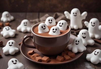 Happy ghosts in cocoa cup create festive atmosphere