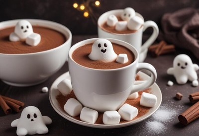 Hot chocolate with ghost marshmallows for halloween fun
