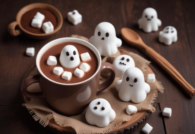 Festive hot chocolate with ghost marshmallows for halloween