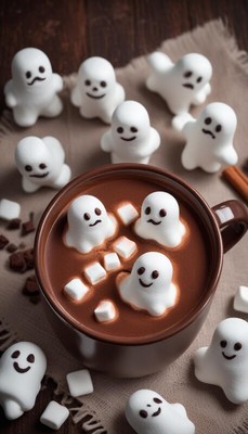 Hot chocolate with ghost marshmallows at autumn gathering