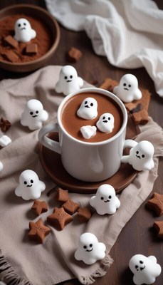 Halloween hot cocoa with ghost marshmallows and cookies