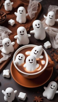 Fun ghost-shaped marshmallows in hot chocolate drink