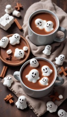 Ghost-shaped marshmallows float in cozy hot chocolate