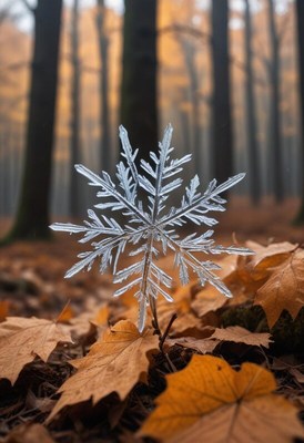 Snowflake resting on autumn leaves in a quiet forest