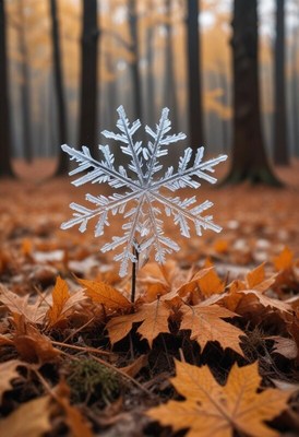 Snowflake resting on autumn leaves in a forest