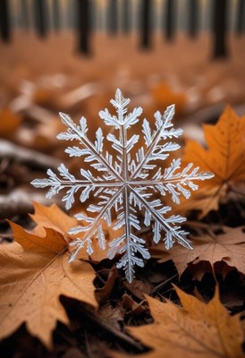 Snowflake resting on fallen leaves in autumn forest