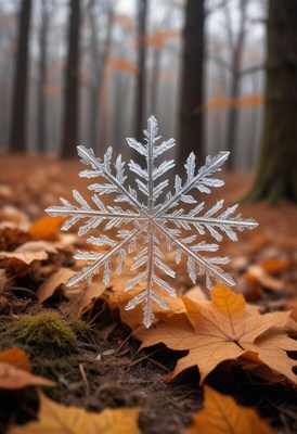 Snowflake rests on autumn leaves in a misty forest