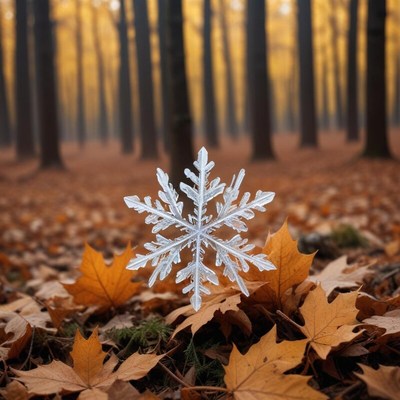 Beautiful snowflake on autumn leaves in a serene forest