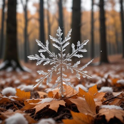 Snowflake resting on autumn leaves in a quiet forest