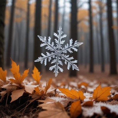 Snowflake in a foggy forest with autumn leaves