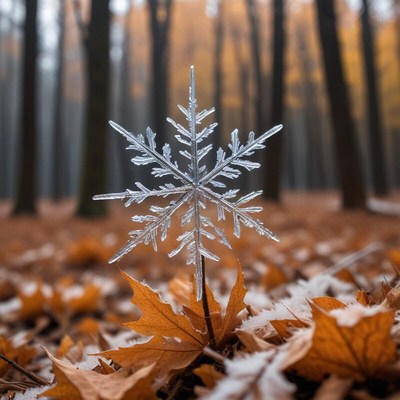 Beautiful snowflake resting on autumn leaves in forest