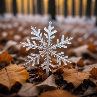 Unique snowflake on autumn leaves in a tranquil forest