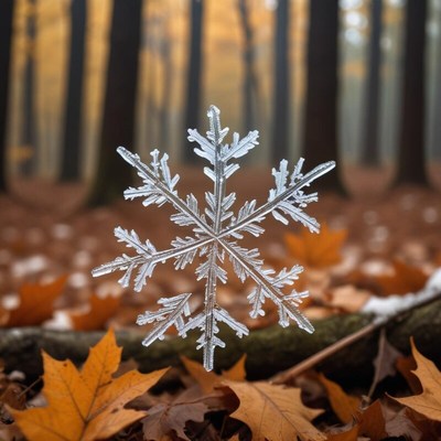 Snowflake rests on autumn leaves in a serene forest