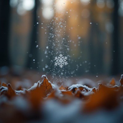 Snowflake falls on autumn leaves in a forest scene