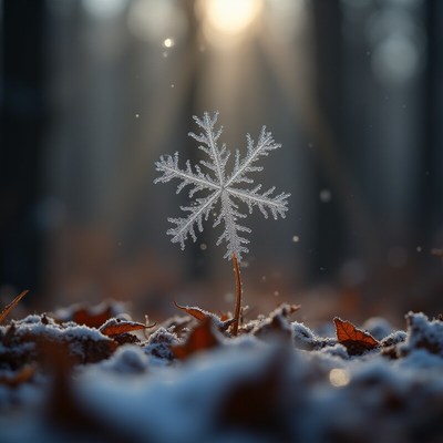 Snowflake stands tall in winter forest light