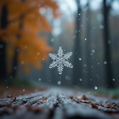 Snowflake falling on autumn leaves in a forest