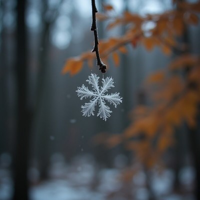 Beautiful snowflake hanging from a branch in winter