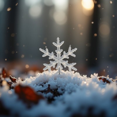 Winter snowflake resting on snow-covered ground
