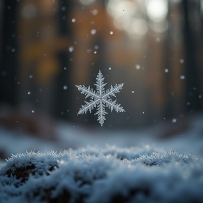 Snowflake resting on frost-covered ground in winter forest