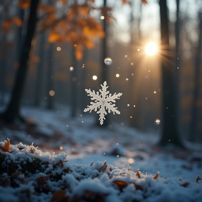 Snowflake falling through a peaceful forest at sunset