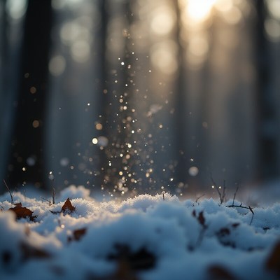 Snowfall sparkles in winter forest at sunrise