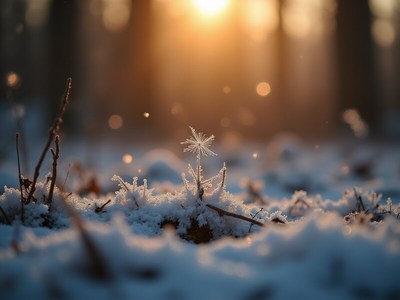 Frosty flower stands alone in snowy forest during sunset