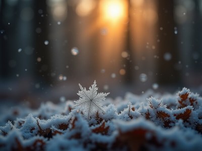 Frosty leaf glistens in winter sunlight near forest