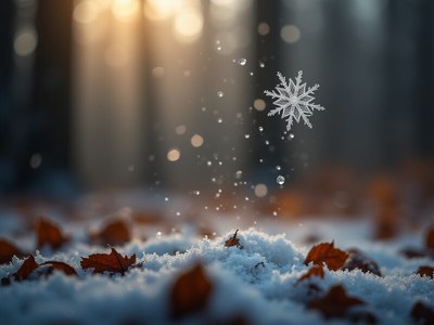 Snowfall gently descends on autumn leaves in the forest