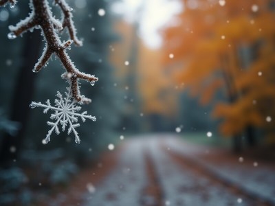 Snowflake hangs from branch in a winter forest scene