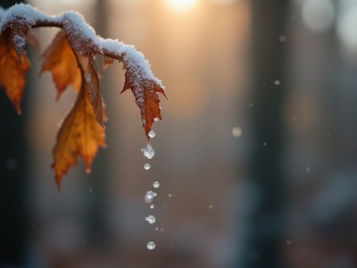 Icicles form on leaves in a winter forest at sunset