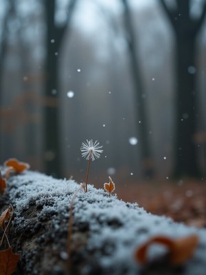 Lonely flower stands out in snowy forest scene