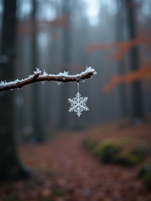 Beautiful snowflake hanging from a tree branch in winter