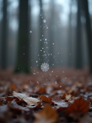 Raindrops fall on leaves in a misty forest setting