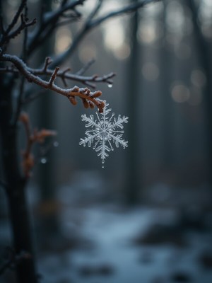 Snowflake hanging from a frosted branch in a forest