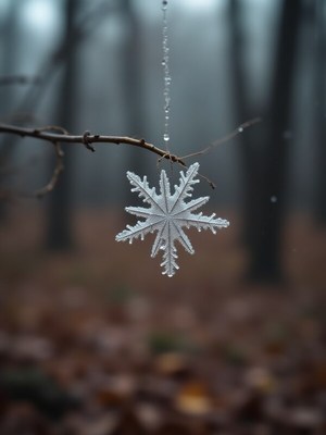Snowflake hanging from a branch in a forest