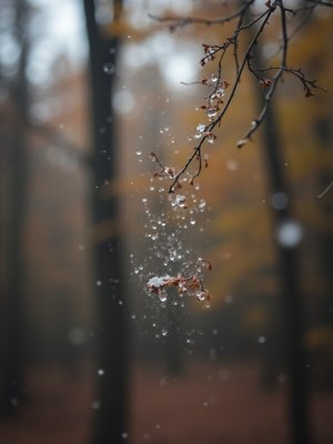 Rain droplets falling from a branch in autumn forest