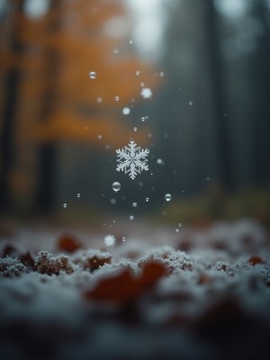 Snowflake falling in a quiet forest during winter